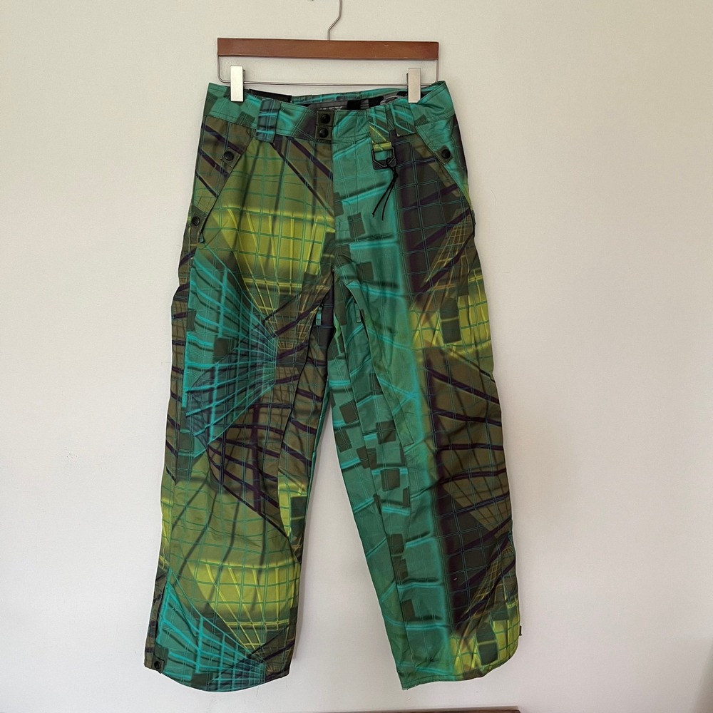Oakley Green Geometric Grid Print Snow Pants Technical Ski Snowboard Gorpcore